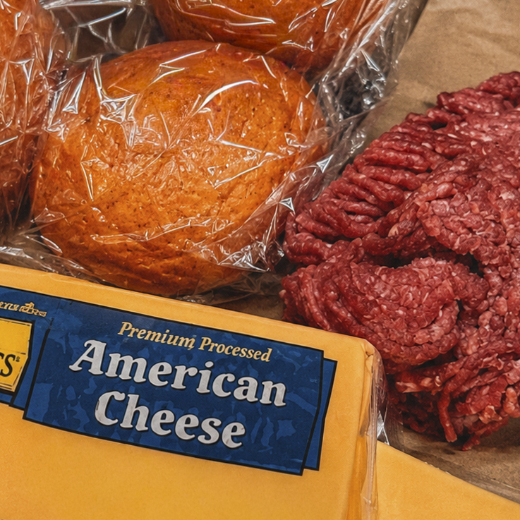 Ground chuck, buns, and American Cheese