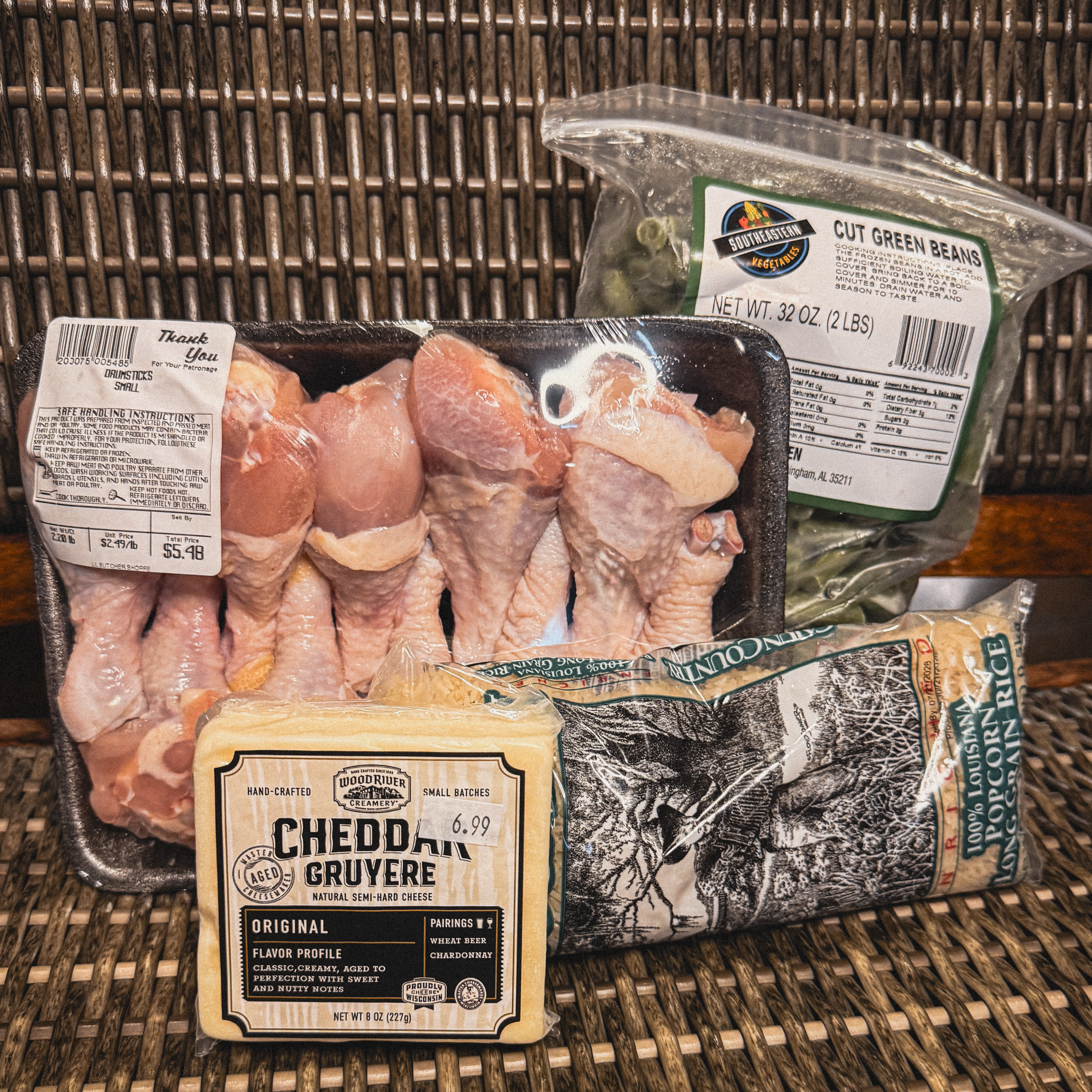 Ingredients to make Crispy Ranch Chicken Drumsticks with Cheesy Rice and Green Beans