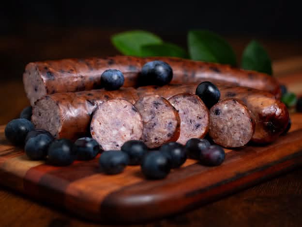 Blueberry smoked sausage links sliced on a cutting board with fresh blueberries